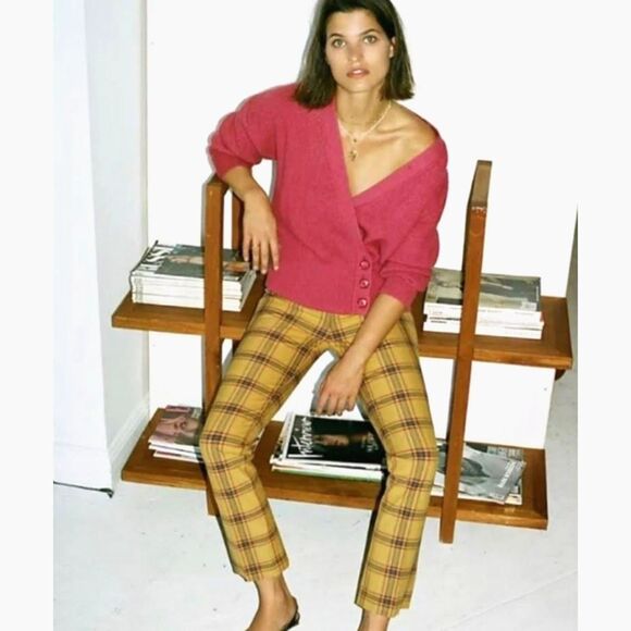 Anthropologie Essential Slim Kick Trouser Mustard Plaid Ankle Crop Stretchy Sz 6 - Picture 1 of 7